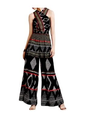 Anthropologie elevenses Black Geometric Halter Wide-Leg Jumpsuit